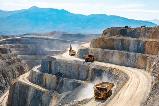 Mining trucks transporting gold ore in open pit mine on sunny day with mountains in background