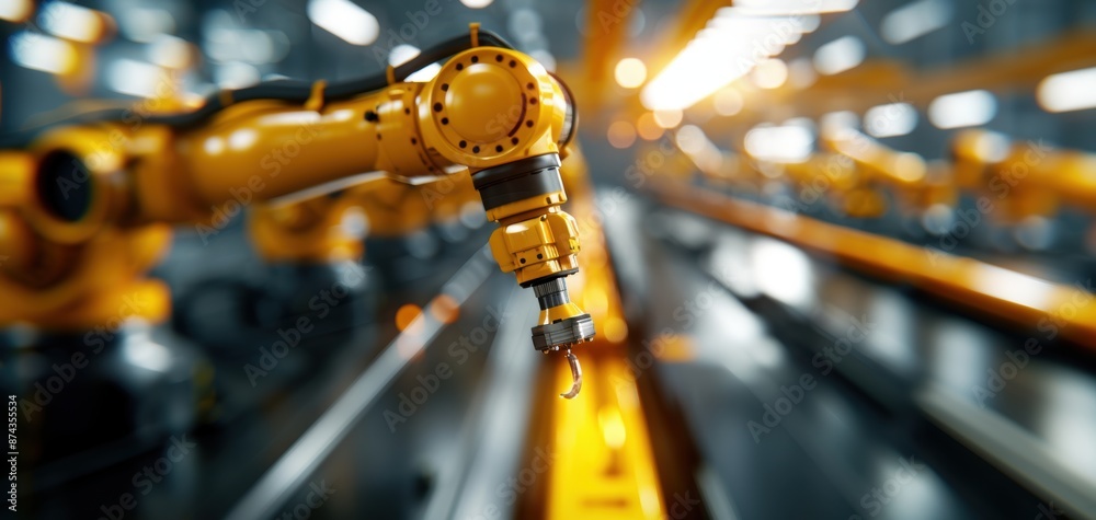 Poster a robot arm is spraying a yellow liquid on a machine