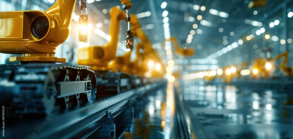 Aufkleber a factory with many robots and a yellow robot in the foreground