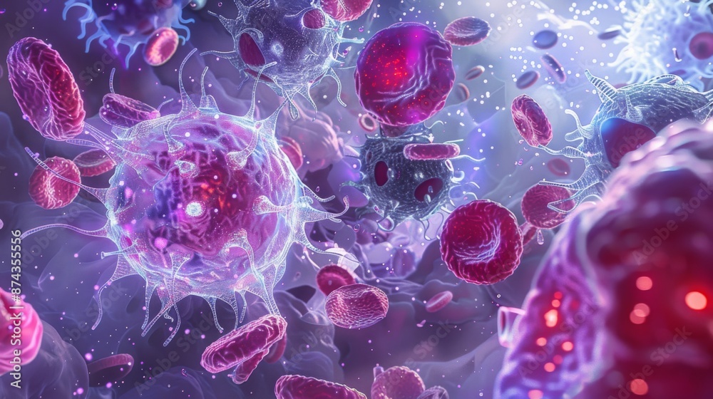 Aufkleber a digital illustration depicts a microscopic view of the immune system with various cells, including