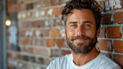 Smiling Man With Beard Against a Brick Wall