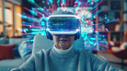 A man is playing a video game with a virtual reality headset. The game is colorful and the man is fully immersed in it. Scene is fun and exciting