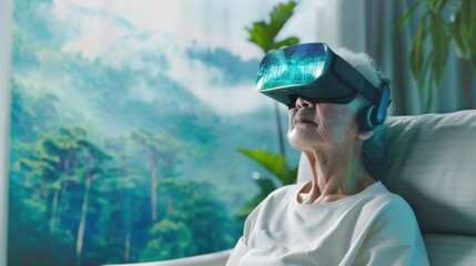 A woman is sitting in a chair with a virtual reality headset on. The scene is set in a tropical environment with palm trees in the background
