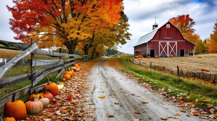 A barn with a roof sits in a field of pumpkins