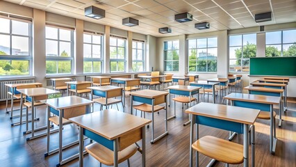 Empty Classroom. Back to school  interior with Chairs and Desks. Studying lessons in secondary education. generative ai