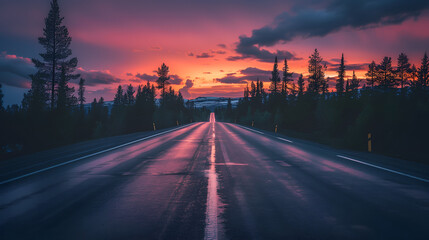 Obraz premium A highway road stretches into the distance, flanked by dense pine trees at sunset