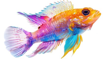 Fototapeta premium A vibrant, colorful fish with blue, yellow, and red scales, isolated on a white background.