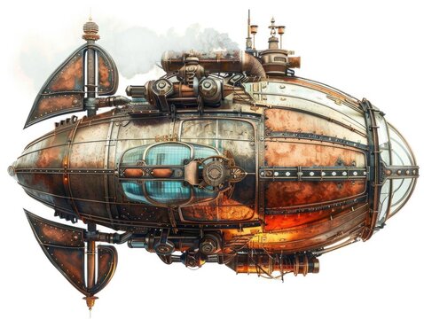 A steampunk-style airship with intricate details and a weathered appearance.