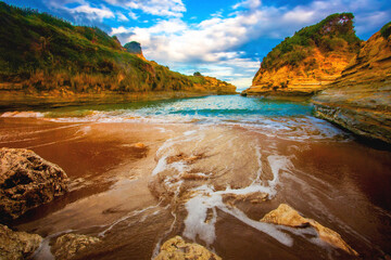 amazing sunset nature scene, Europe, Greece, Sidari resort, rocky coast near famous Canal Damour (Canal of love)
