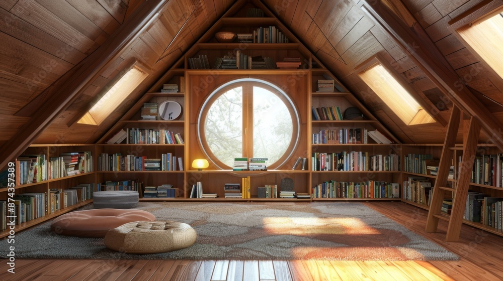 Poster A spacious attic library features floor-to-ceiling bookshelves and a large round window overlooking a tree. Natural light floods the room, creating a warm and inviting atmosphere.