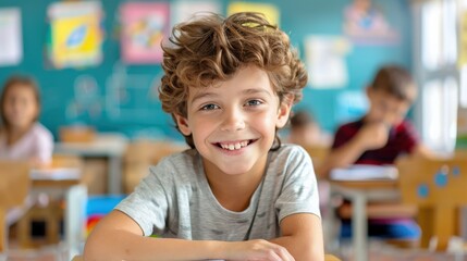 A boy is sitting in a classroom with other students