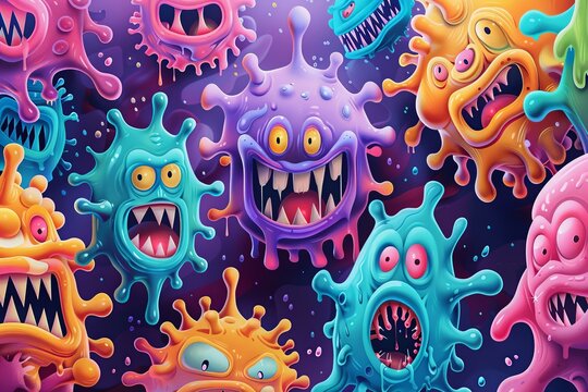 Dive into a whimsical virus fiesta where microscopic intruders take center stage in a lighthearted and comical background filled with playful and colorful designs