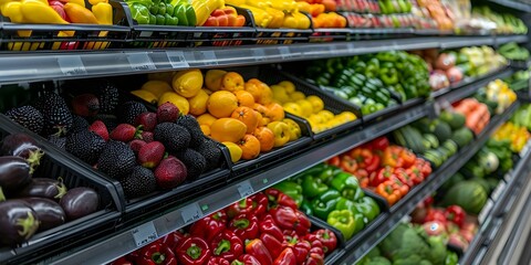 Obraz premium Colorful fresh produce display in large grocery store. Concept Grocery Store, Fresh Produce, Colorful Display, Shopping Experience