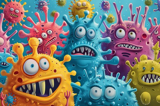 Dive into a whimsical virus fiesta where microscopic intruders take center stage in a lighthearted and comical background filled with playful and colorful designs