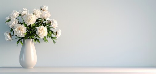 Fototapeta premium A white vase with white flowers sits on a white shelf