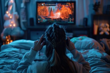 Fototapeta premium A woman plays video games on her bed with headphones on, lit by the glow of the television screen