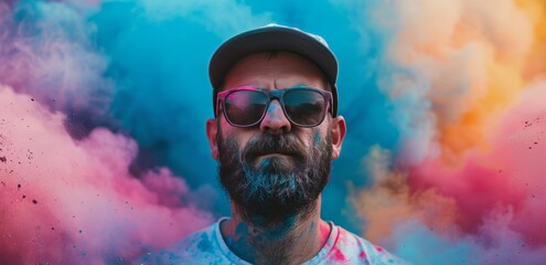 Naklejka premium Man Covered in Colorful Powder During Festival Celebration