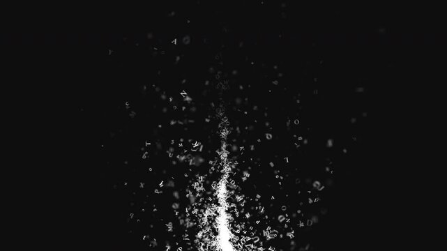 Tornado of white letters on a black background. Floating and disappearing symbols. Seamless loop.