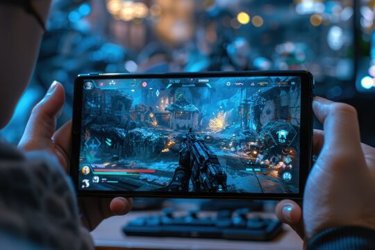 Someone playing a futuristic first-person shooter game on a tablet in an urban setting with neon lights and glowing particles