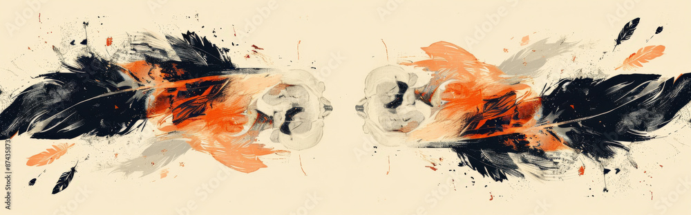 Wall mural abstract depiction of feathers and skulls in a balanced, minimalist design, using a limited color pa