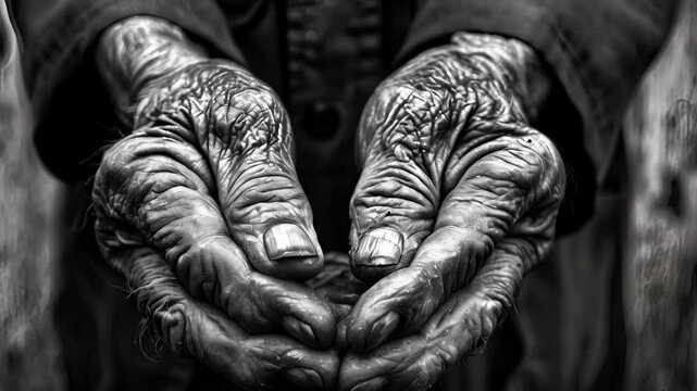 A closeup of an elderly mans hands the wrinkles and s telling a story of hard work and determination. Black and white art