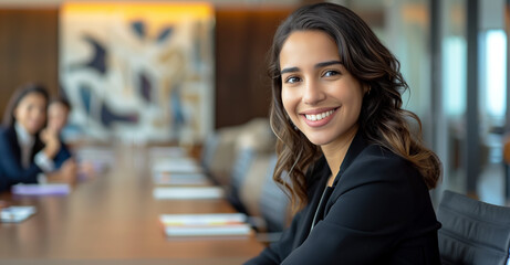 Fototapeta premium A confident businesswoman sits in a conference room, smiling and exuding professionalism during a meeting in a modern office setting.