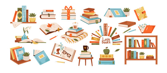 Books, diaries, textbooks with bookmarks for reading and studying. Literature set. Cozy flat illustration of books on a shelf and with flower pots