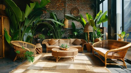A living room with wicker furniture, lush greenery, and a large window overlooking a city skyline.