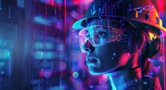 A woman wearing a helmet and goggles is looking at a computer screen. The image has a futuristic and technological vibe, with the woman's appearance