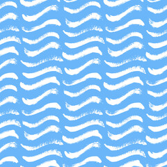 Vector waves pattern. Seamless blue and white brush stroke background. Wavy print with distress texture. Painted ornament for kids. Childish design