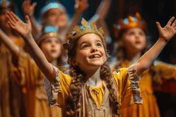 Obraz premium Joyful Children's Christmas Play with Singing and Dancing in Bright Costumes Celebrating the Holiday Season in Community Theater Stage Performance