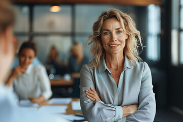 Smiling businesswoman giving a presentation in a boardroom meeting leading a project discussion with her team