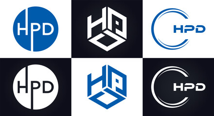 Fototapeta premium HPD logo. H P D design. White HPD letter. HPD, H P D letter logo design. H P D letter logo design in GOLD, GOLDEN LOGO, THREE, style. letter logo set in one artboard. H P D letter logo vector design. 