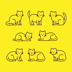Cats line icon set. Vector illustration. Isolated on yellow background