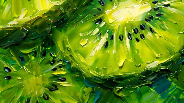 Artistic close-up of kiwi slices in a vibrant, textured painting. Colorful abstract painting of juicy kiwi slices with bold brushstrokes.