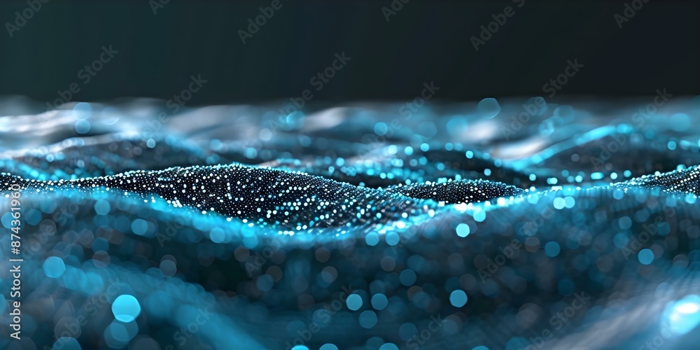 Poster digital landscape with interconnected data points 3d waves and virtual reality elements. concept dig