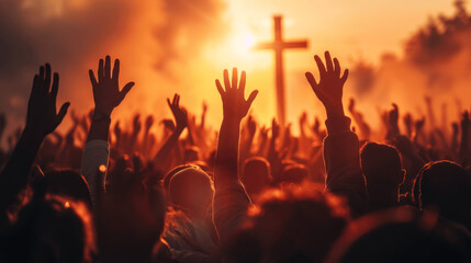 Fototapeta premium Worshipers Raising Hands in Prayer at Sunset with Cross Silhouette during Christian Festival