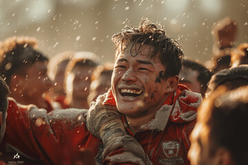 Fototapeta premium rugby players celebrating victory with lifting teammate on shoulders outdoors in foggy morning light showing unity and team spirit