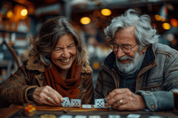 Fototapeta premium Happy seniors playing cards and laughing in a cozy retirement home living room creating a warm lively atmosphere filled with companionship and enjoyment