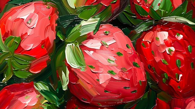 Artistic close-up of strawberries in a vibrant, textured painting. Colorful abstract painting of juicy strawberries with bold brushstrokes.