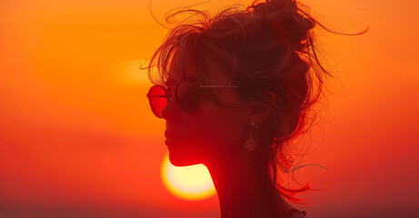 Woman in Sunglasses Silhouetted Against Orange and Red Eclipse, Messy Bun, in Contemplation, Nature's Beauty, Empty Space for Text, High Resolution