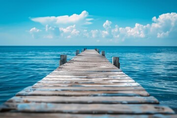 Fototapeta premium Tranquil Wooden Pier Extending into Calm Blue Ocean offers a peaceful seaside retreat for relaxation and meditation