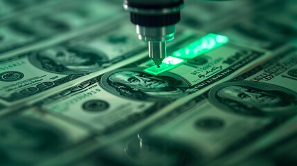 Closeup of serial numbers being printed on banknotes, Realistic, Green hues, Detailed serial numbers and printing process