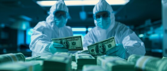 Fototapeta premium Workers in protective gear handling printed money, Realistic, Natural and green hues, Detailed protective gear and money