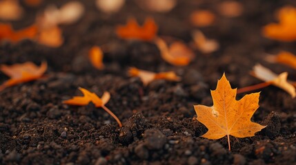 Soil with scattered autumn leaves, Realistic, Earthy hues, Detailed leaf and dirt textures