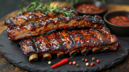 American food concept. Grilled pork ribs with grilled sauce, with smoke, spices and rosemary.