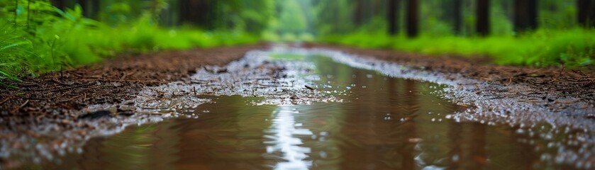 Fototapeta premium A muddy path in a forest after rain, Realistic, Earthy tones, Detailed puddles and soil textures