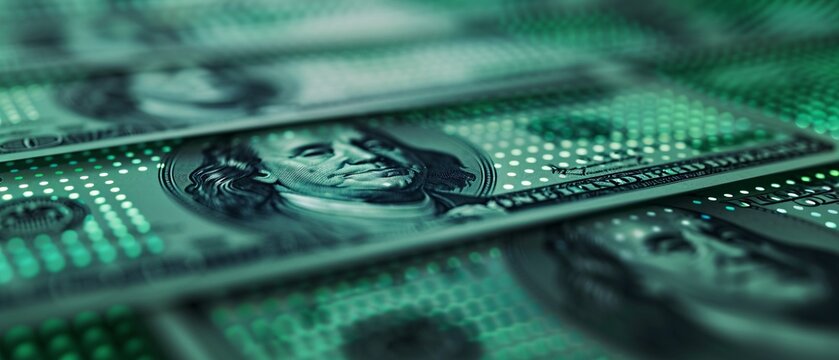 Closeup of security features embedded in banknotes, Realistic, Green and metallic tones, Detailed security features and banknotes