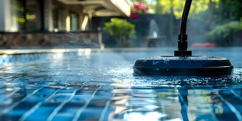 Cleaning dirty pool in private homes courtyard or cottages swimming pool. Concept Pool Cleaning, Private Homes, Courtyard, Cottages, Swimming Pool