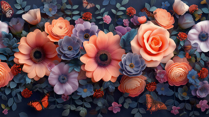 seamless repeating pattern featuring vibrant floral arrangements with pink, peach, and purple flowers, along with butterflies, similar to the one shown in the provided image.